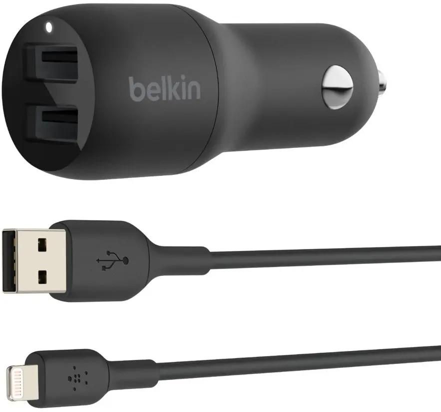 Автомобильное зарядное устройство Belkin CCD001BT1MBK, 2xUSB, 2.4А, 12 Вт, PD, кабель Lightning 8-pin, черный (CCD001BT1MBK)