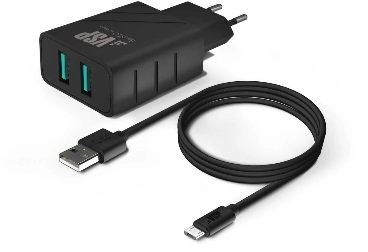 

Сетевое зарядное устройство BORASCO, 2xUSB, EU, черный (37263), кабель microUSB