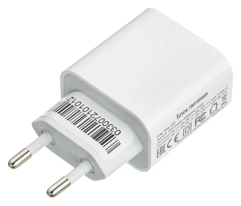 Сетевое зарядное устройство Pitatel TPA-107 18 Вт, USB, EU, USB type-C, Quick Charge, белый (TPA-107)