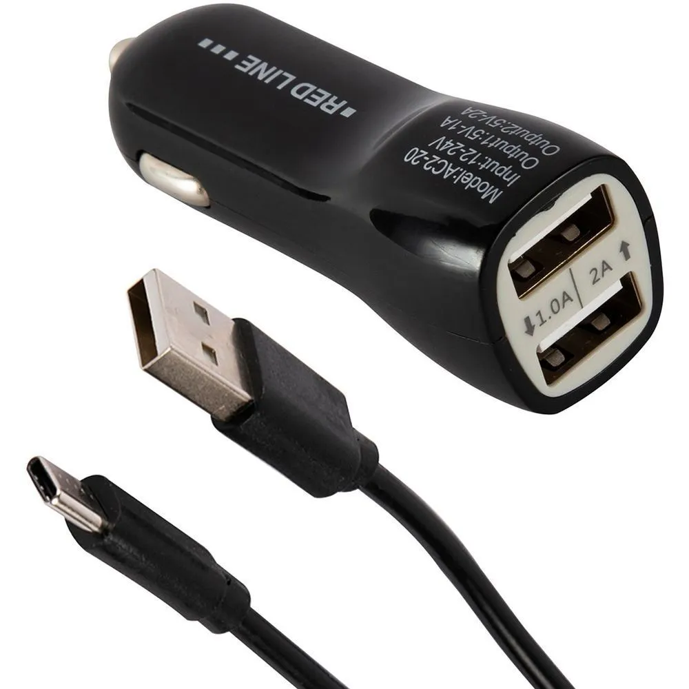 

Автомобильное зарядное устройство Red Line AC2-20, 2xUSB, 2А, кабель USB Type-C, черный (УТ000031172), AC2-20