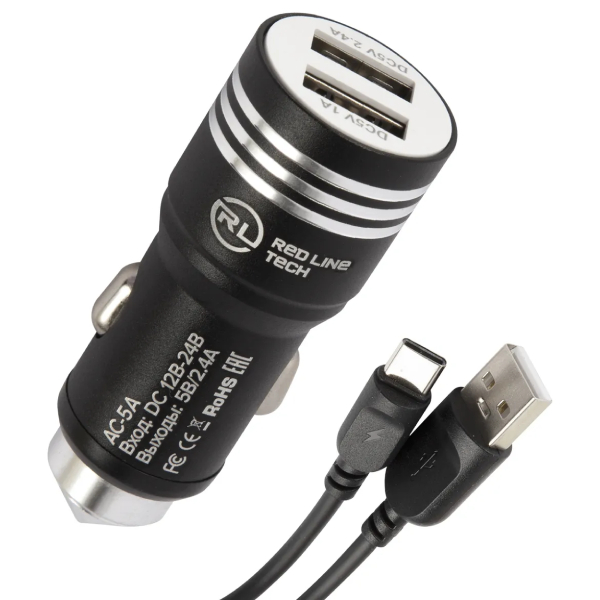 

Автомобильное зарядное устройство Red Line AC-5A, 2xUSB, 2.4А, кабель USB Type-C, черный (УТ000028597), AC-5A