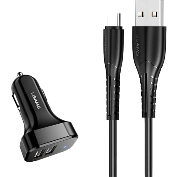 Автомобильное зарядное устройство USAMS U35, 2xUSB, 2.1А, кабель microUSB, черный (УТ000029192)