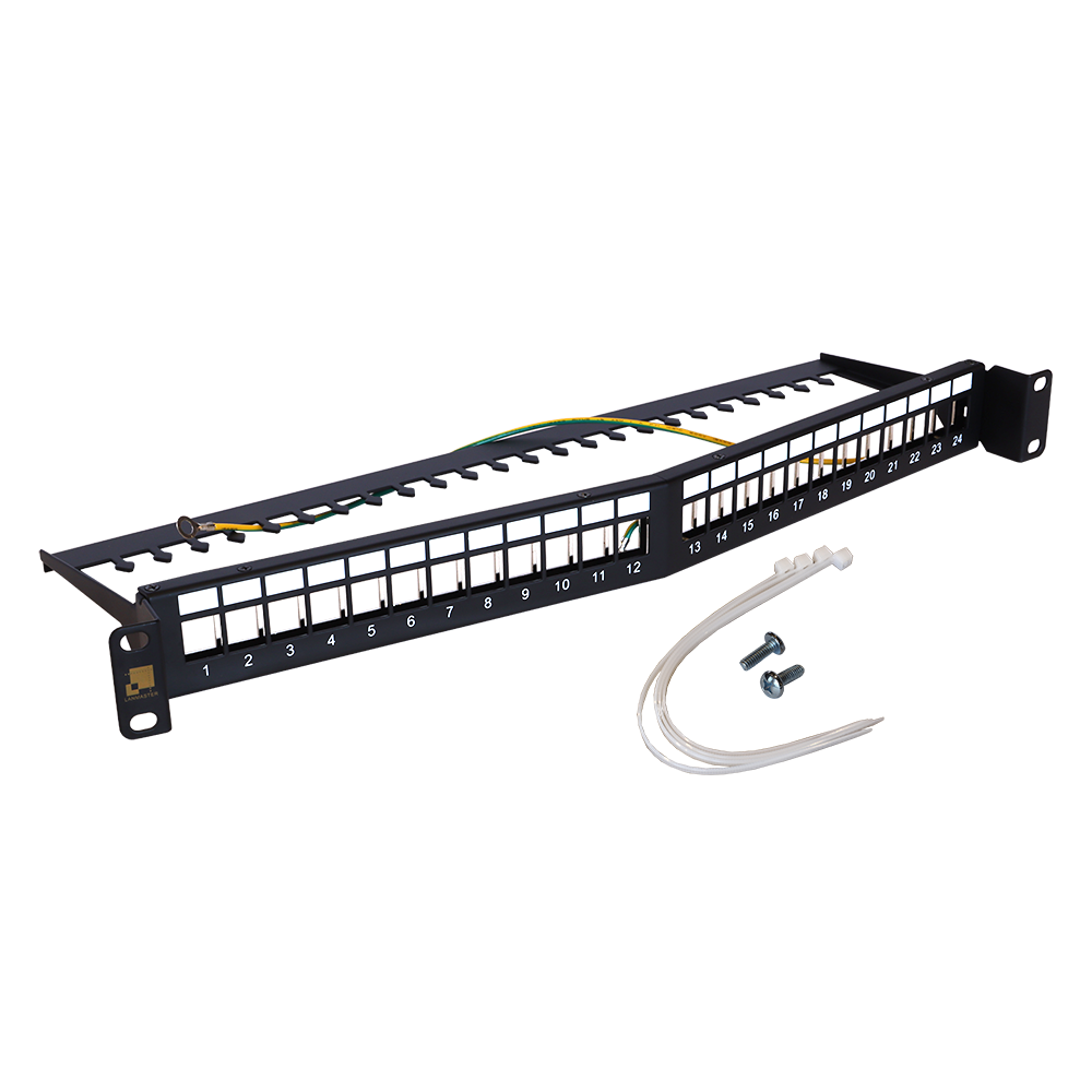 

Патч-панель в шкаф 19" 1U, неукомплектованная, порты: 24, черный, LANMASTER (LAN-PPAR24OK-STP)