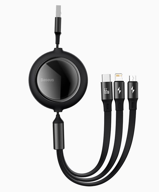 

Кабель USB-Lightning 8-pin+Micro USB+USB Type-C, плоский, быстрая зарядка, 6А, 66 Вт, 1.2 м, черный, Baseus Bright Mirror (CAMLC-MJ01)