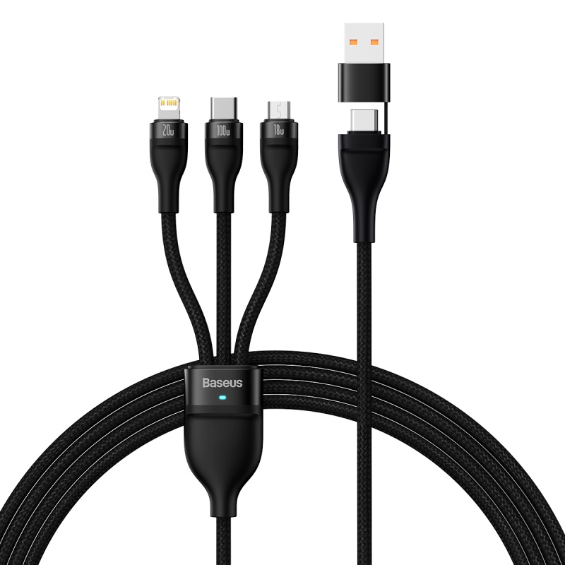 

Кабель USB+USB Type-C-Lightning+MicroUSB+Type-C, быстрая зарядка, 5А, 100 Вт, 1.2 м, черный, Baseus Flash Series II (CASS030101)