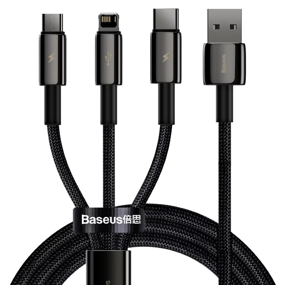 Кабель USB-Type-C/Lightning/microUSB, 1.5 м, черный, Baseus Tungsten Gold