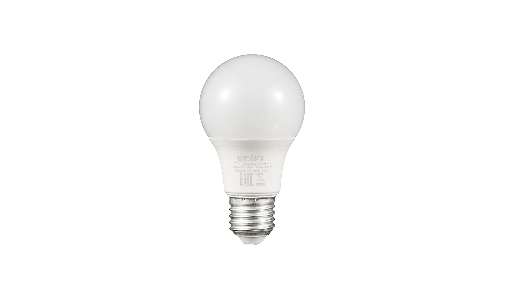 Лампа светодиодная E27 грушевидная, 10 Вт, 6500 K / холодный свет, 220 В, СТАРТ LEDGLSE27 10W 65 WS (17289)