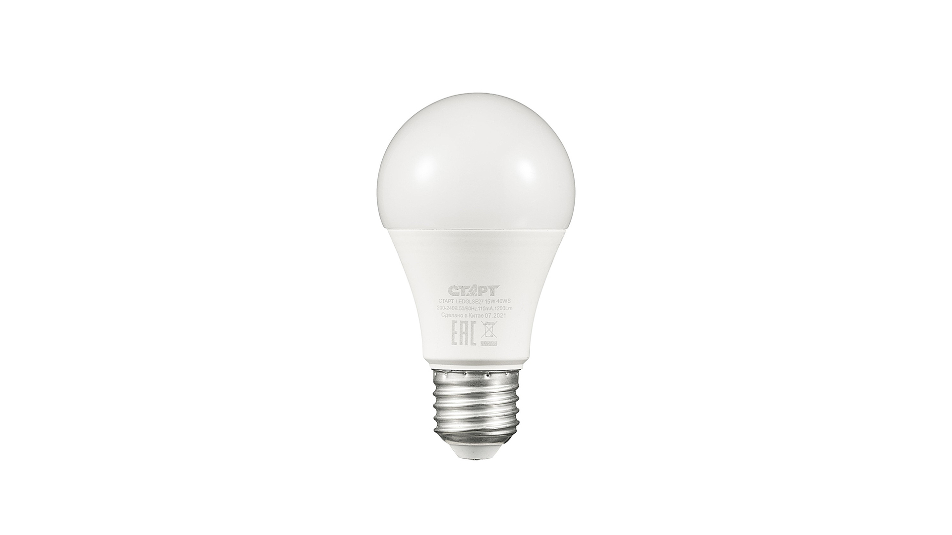 Лампа светодиодная E27 грушевидная, 15 Вт, 4000 K / нейтральный свет, 220 В, СТАРТ LEDGLSE27 15W 40 WS (17287)