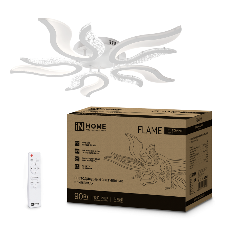 

Светильник бытовой потолочный IN HOME ELEGANT FLAME, светодиодный, 90 Вт, 7000лм, 3000 K-6500 K, диммер, IP40, белый (4690612051536), FLAME