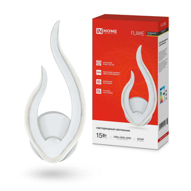 

Светильник бытовой настенный IN HOME ELEGANT FLAME, светодиодный, 15 Вт, 1200лм, 3000 K-6500 K, диммер, IP20, белый (4690612051437), FLAME