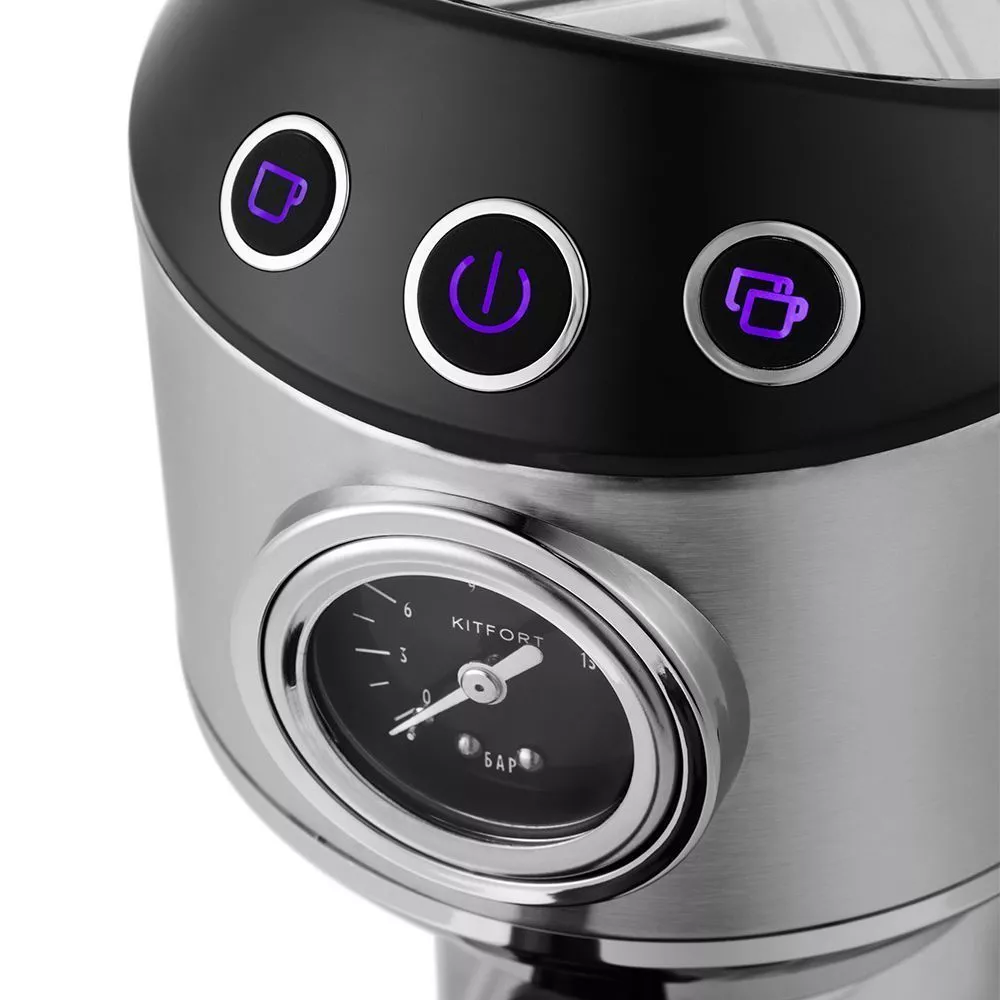 

Кофеварка рожковая Kitfort КТ-7106, 1.45 кВт, кофе молотый, 1 л, ручной капучинатор, черный/серебристый (КТ-7106), КТ-7106