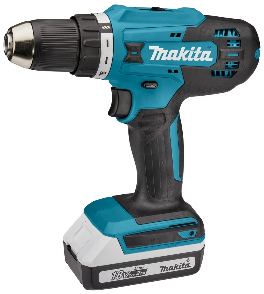 Дрель-шуруповерт Makita DF488DWAE, аккумуляторный, 42 нм, 1400 об/мин, 18V, 2 А·ч, Li-Ion, два акб, быстрозажимной патрон, кейс, 1.7 кг (DF488DWAE) 2 акб и зу