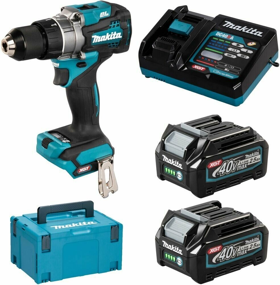 Дрель-шуруповерт Makita DF001GD201, аккумуляторный, 140 нм, 2600 об/мин, 40V, 2.5 А·ч, Li-Ion, два акб, быстрозажимной патрон, кейс, 2.7 кг (DF001GD201) 2 акб и зу