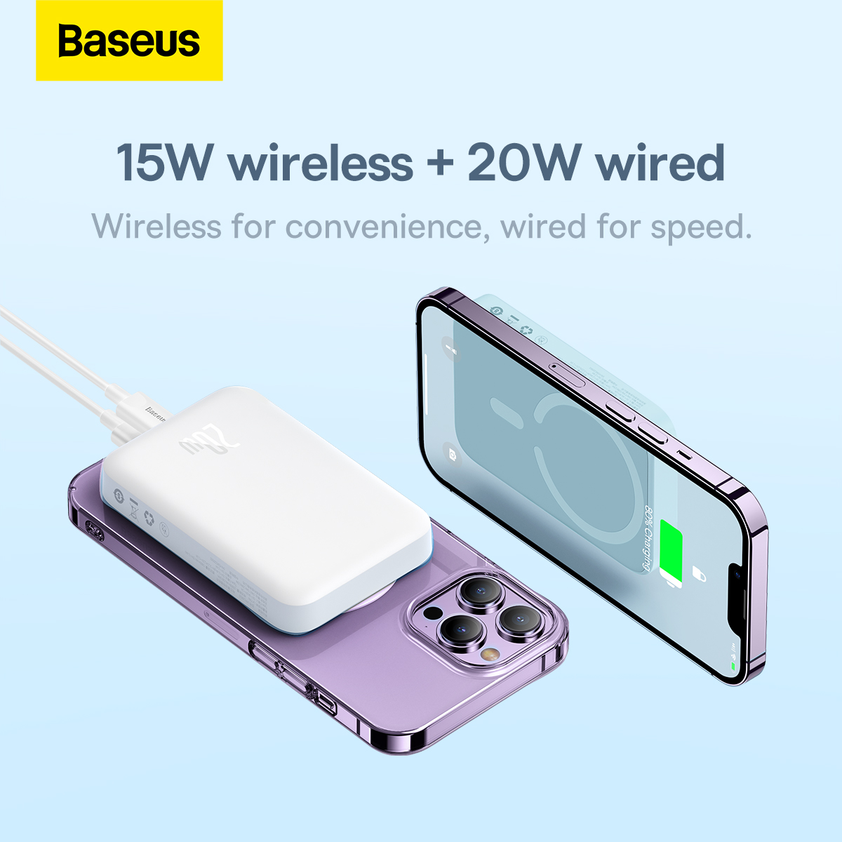 Портативный аккумулятор (Powerbank) BASEUS Magnetic Mini Wireless, 20 А·ч,  белый, 1280243 купить по цене 4650 руб в Барнауле в интернет-магазине e2e4