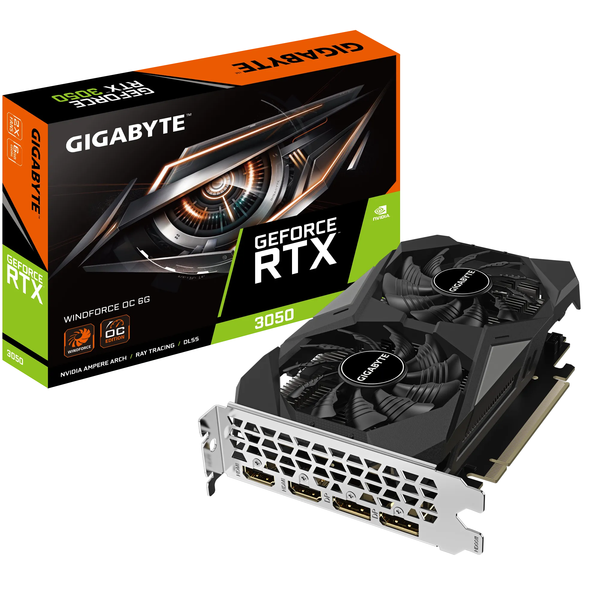 Видеокарта GIGABYTE NVIDIA GeForce RTX 3050 WindForce, 6Gb DDR6, 96 бит, PCI-E, DVI, 2HDMI, 2DP, Retail (GV-N3050WF2OC-6GD)