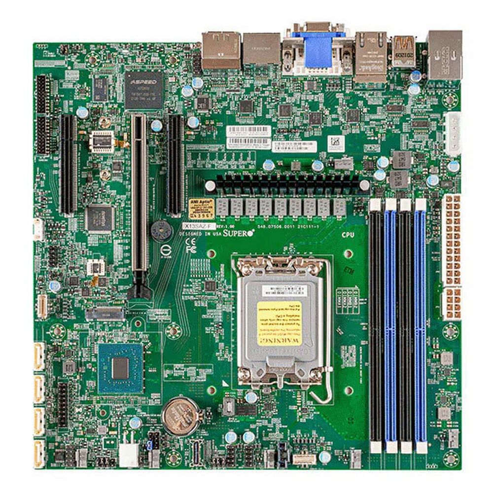 

Материнская плата Supermicro X13SAZ-F, 1xSocket1700, Intel R680E, 4xDDR5, PCI-Ex16, 1xM.2-PCI-E, 4SATA3 RAID 0/1/5/10, 7.1-ch, 2x2.5GLAN, IPMI, 4xUSB 2.0, VGA, DVI, HDMI, DisplayPort, mATX, Bulk (MBD-X13SAZ-F-B), X13SAZ-F
