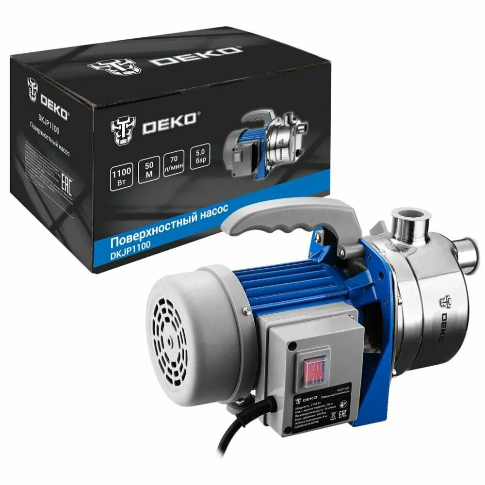 

Электрический водяной насос DEKO DKJP1100, 1.1 кВт, поверхностный, самовсасывающий, производительность 4.2 м³/час, глубина погружения 8 м, 5.8 кг (076-0529), DKJP1100