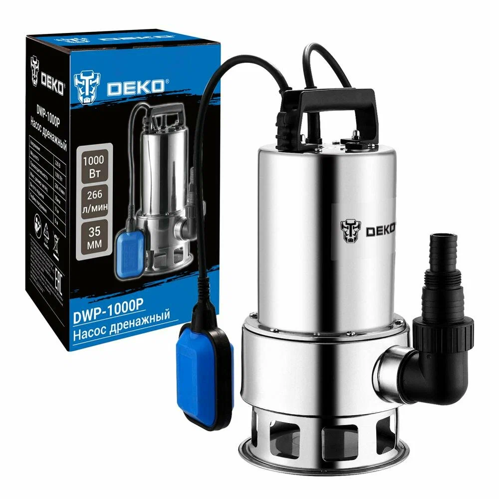 

Электрический водяной насос DEKO DWP-1000P, 1 кВт, погружной, дренажный, производительность 16 м³/час, глубина погружения 8 м, 3.4 кг (076-0543), DWP-1000P