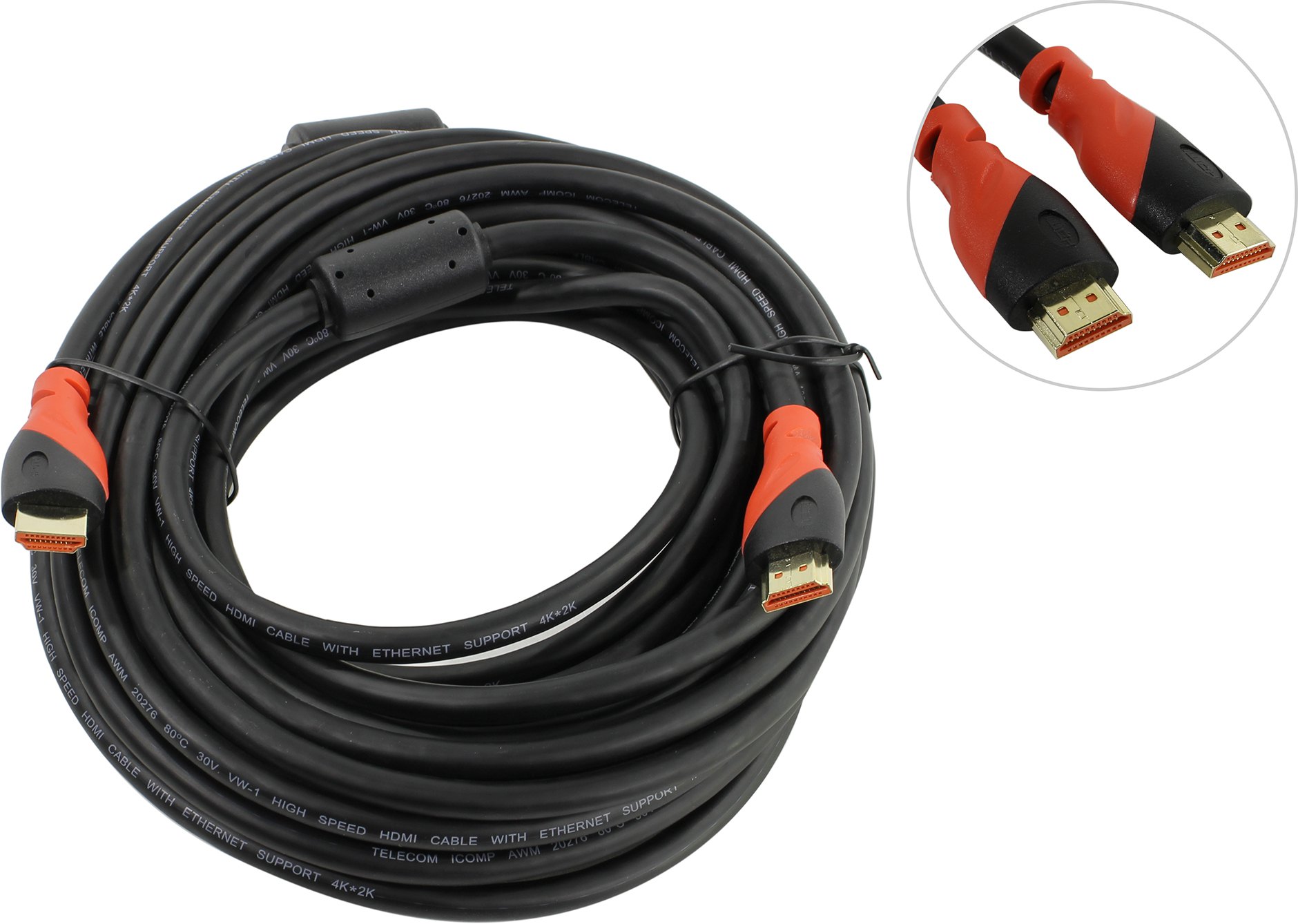 

Кабель HDMI(19M)-HDMI(19M) v2.0 4K, экранированный, ферритовый фильтр, 10 м, красный/черный Telecom PRO TCG220F (TCG220F-10M), TCG220F