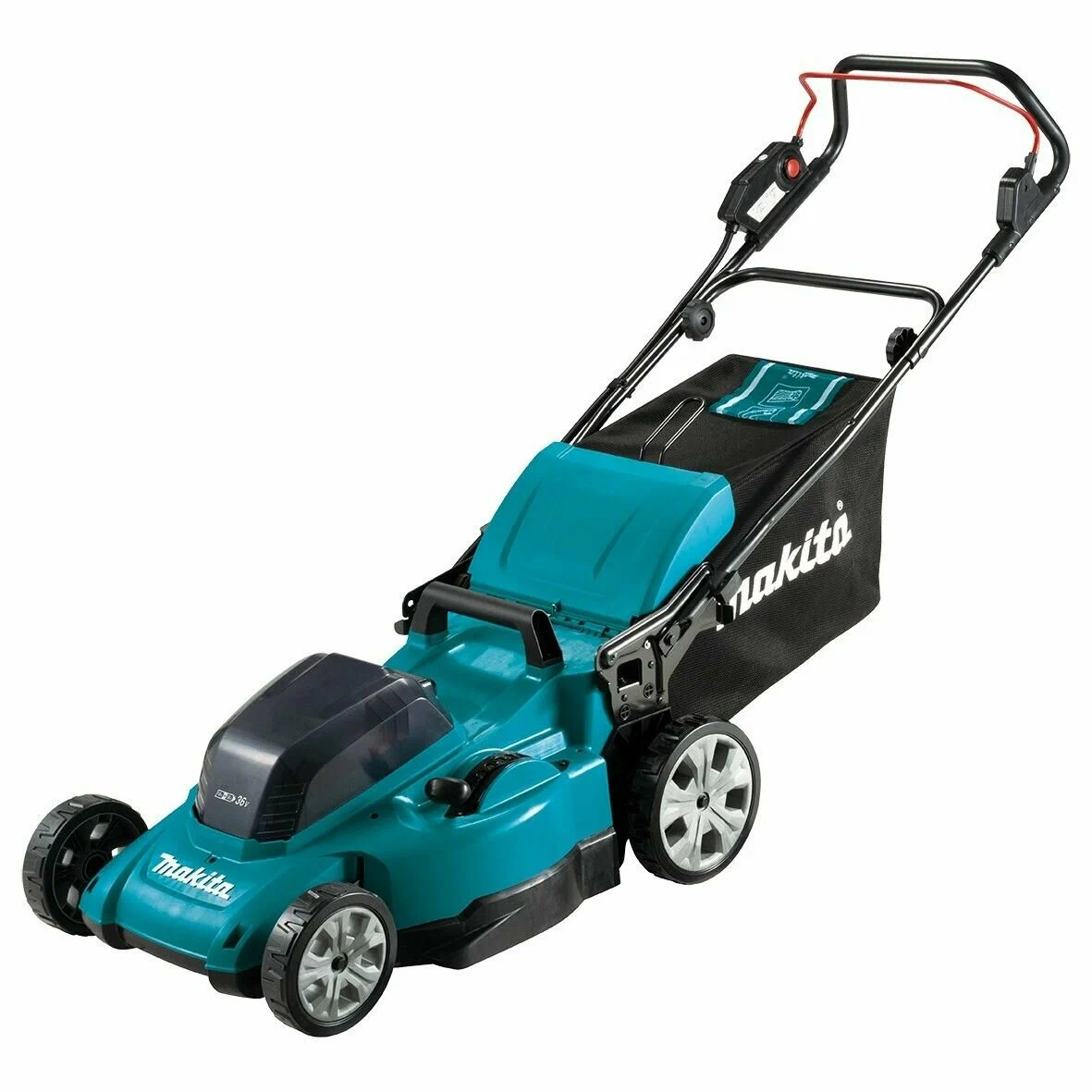 Колесная газонокосилка Makita DLM480CT2, щеточный, аккумуляторная, Li-Ion, 5 А·ч, 36 В, ширина скашивания 48 см, высота скашивания 2 см-10 см, объем травосборника 62л., 25.5 кг, 2АКБ+З/У (DLM480CT2)