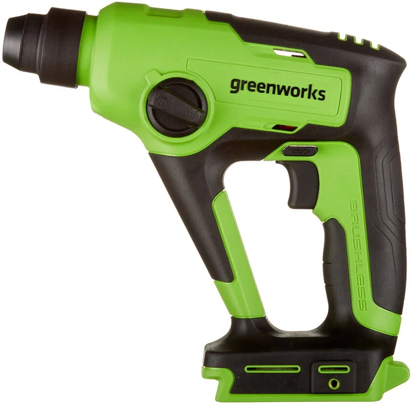 Перфоратор GREENWORKS GD24SDS1, аккумуляторный, SDS-Plus, 1.2 Дж, 1200 об/мин, 5600 уд/мин, 24V, Li-Ion, 1.24 кг (3803107) поставляется без аккумуляторов и зарядного устройства