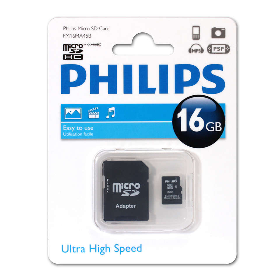 Карта памяти 16Gb microSDHC PHILIPS Class 10 + адаптер (FM16MA45B/97)