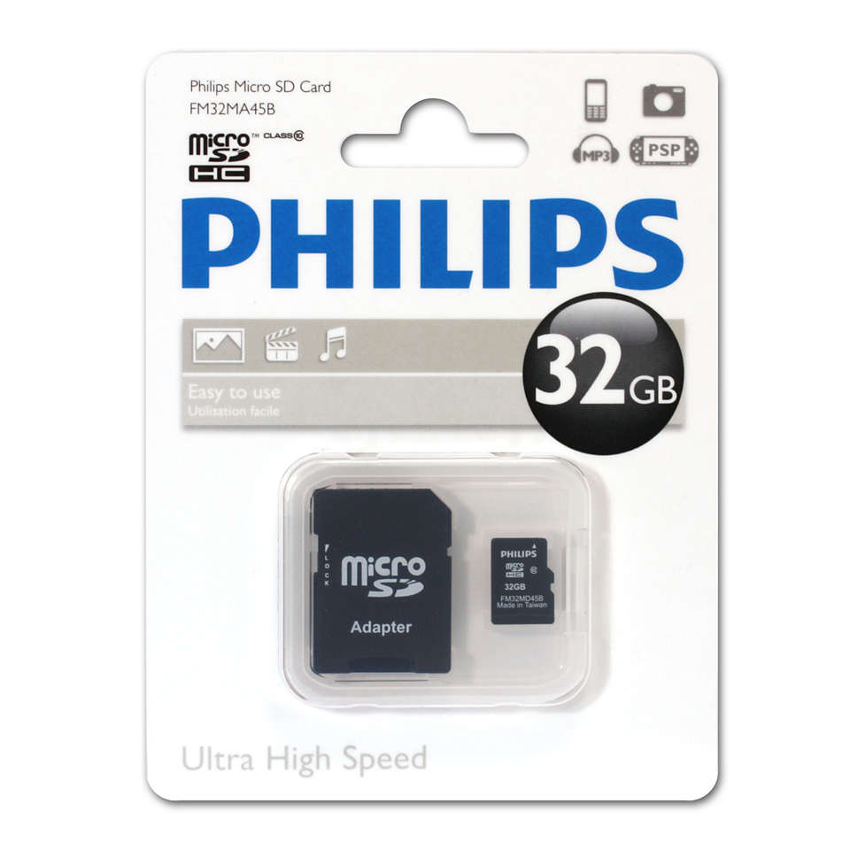 Карта памяти 32Gb microSDHC PHILIPS Class 10 + адаптер (FM32MA45B/97)