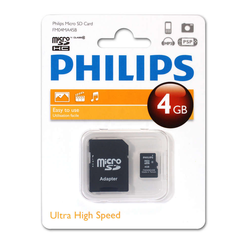 Карта памяти 4Gb microSDHC PHILIPS Class 10 + адаптер (FM04MA45B/97)