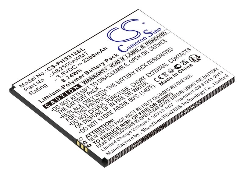 

Аккумулятор CameronSino CS-PHS318SL/AB2500AWMT для Philips Xenium S318, CTS318, 3.7V, 2.3 А·ч (CS-PHS318SL), CS-PHS318SL