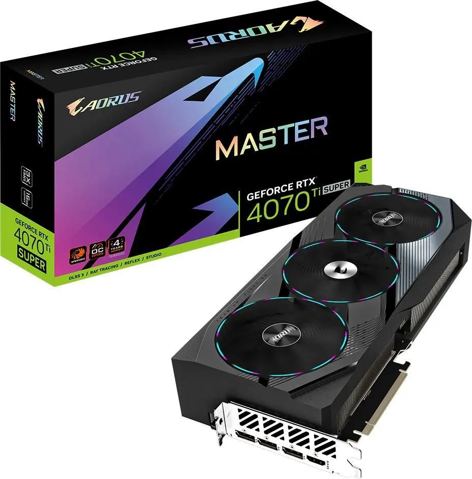 

Видеокарта GIGABYTE NVIDIA GeForce RTX 4070Ti SUPER AORUS MASTER, 16Gb GDDR6X, 256 бит, PCI-E, HDMI, 3DP, Retail (GV-N407TSAORUS M-16GD), AORUS MASTER