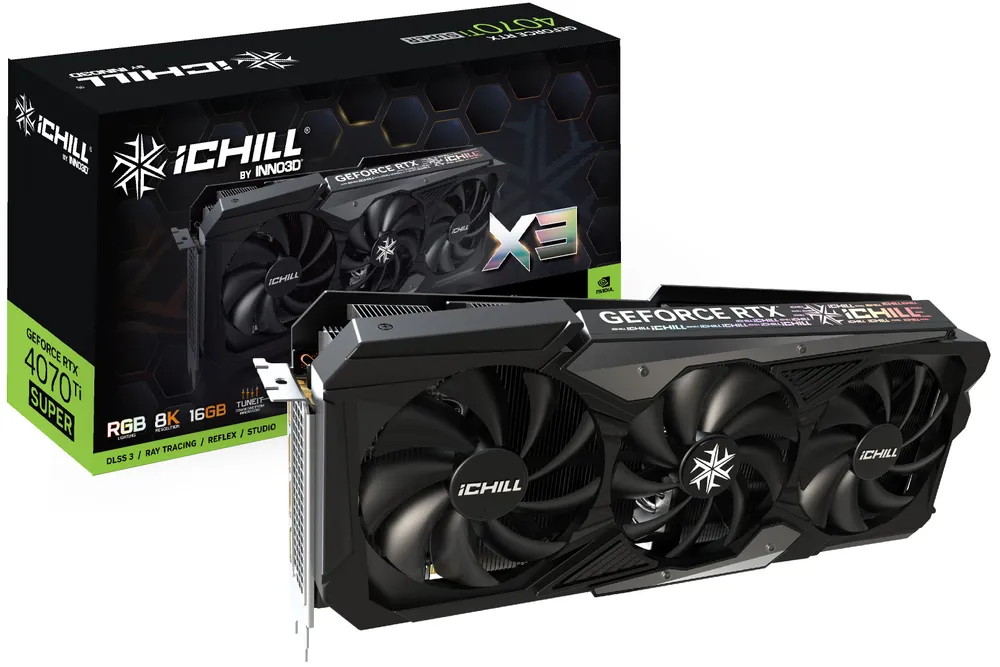 

Видеокарта Inno3D NVIDIA GeForce RTX 4070Ti SUPER iChill X3, 16Gb GDDR6X, 256 бит, PCI-E, HDMI, 3DP, Retail (C407TS3-166XX-186148H), iChill X3