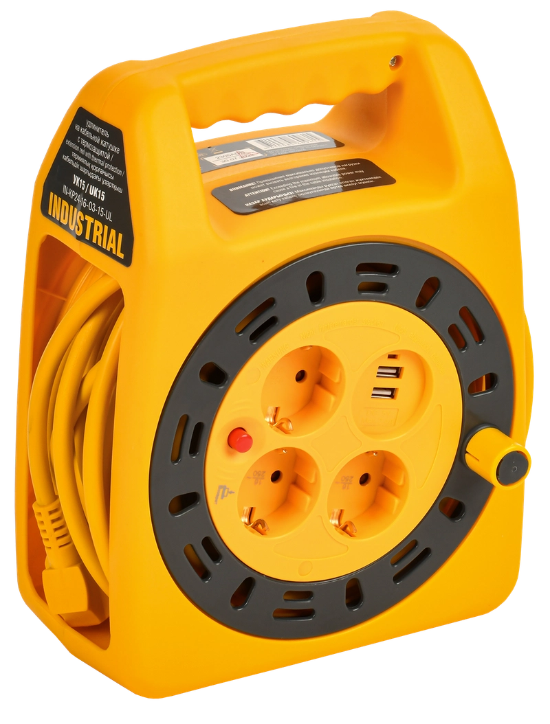 

Удлинитель на катушке IEK Industrial УК15, 3-розетки, 15 м, желтый (IN-KP24-16-03-15-UL), УК15