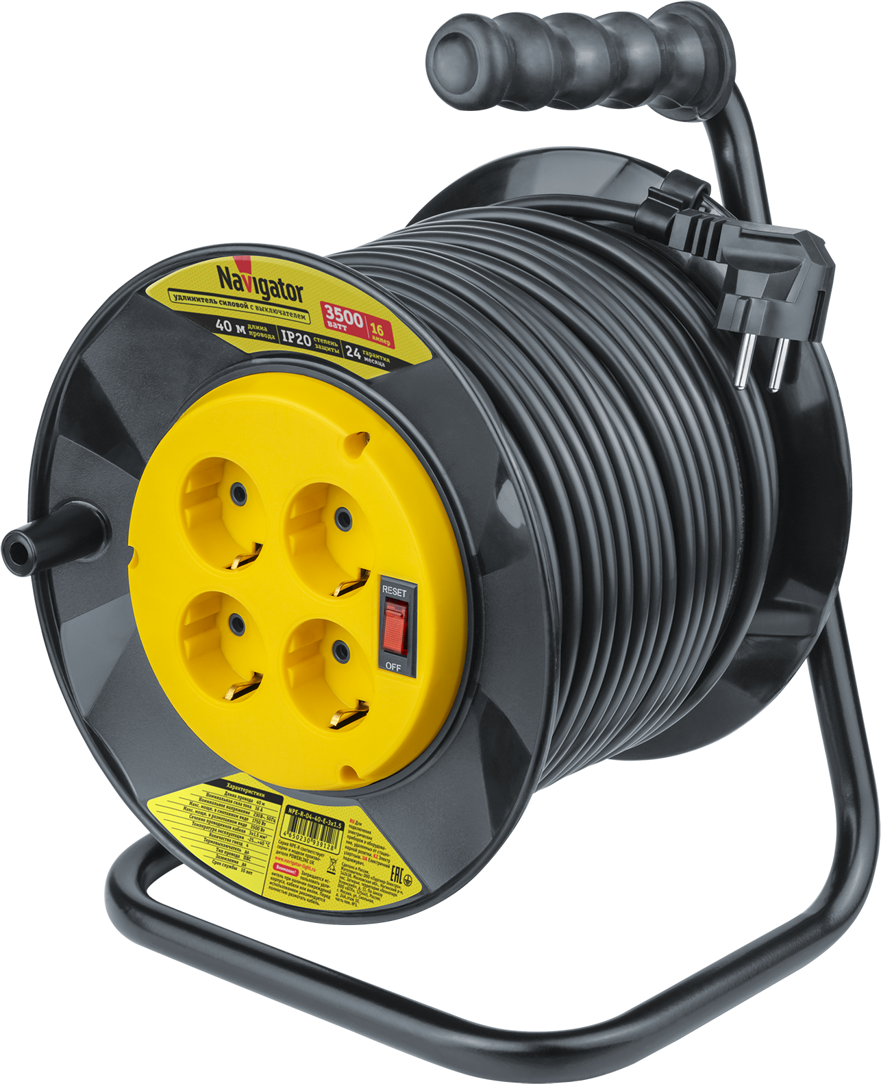 

Удлинитель на катушке Navigator NPE-R-04-40-E-3x1.5, 4-розетки, 40 м, черный/желтый (93912), NPE-R-04-40-E-3x1.5