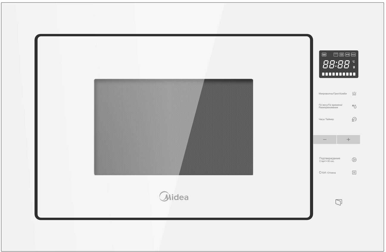 

Микроволновая печь встраиваемая Midea MI10250GW 25 л, 900 Вт, гриль, белый (MI10250GW), MI10250GW