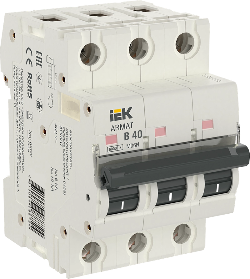 

Выключатель автоматический IEK M06N Armat трехполюсный (3P/3П) 40А B 6 kA (AR-M06N-3-B040), M06N