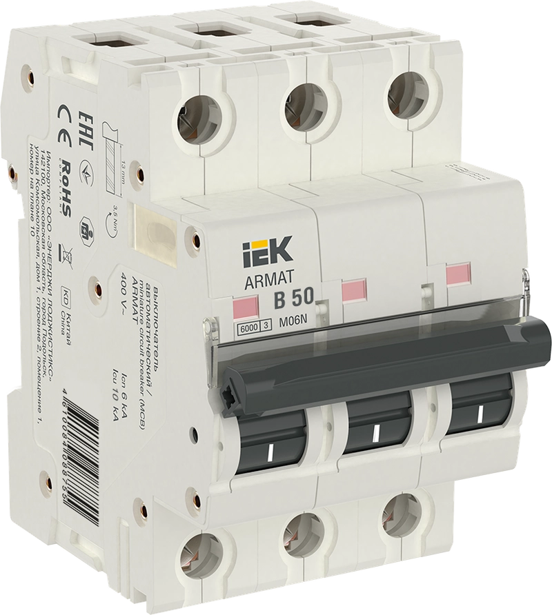 

Выключатель автоматический IEK M06N Armat трехполюсный (3P/3П) 50А B 6 kA (AR-M06N-3-B050), M06N