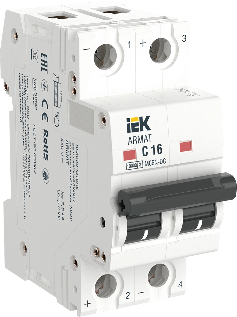 

Выключатель автоматический IEK M06N-DC Armat двухполюсный (2P/2П) 16А C 10кА (AR-M06N-2-C016DC), M06N-DC