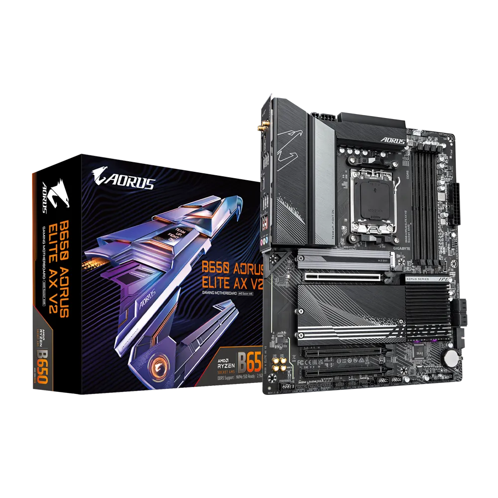 

Материнская плата GIGABYTE B650 AORUS ELITE AX V2, AM5, AMD B650, 4xDDR5 DIMM, 3PCI-Ex16, 4SATA3, 7.1-ch, 2.5GLAN, 9 USB 3.2, 2 USB Type-C, HDMI, DP, ATX, Retail, B650 AORUS ELITE AX V2