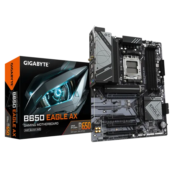 

Материнская плата GIGABYTE B650 EAGLE AX, AM5, AMD B650, 4xDDR5 DIMM, 3PCI-Ex16, 4SATA3, 7.1-ch, GLAN, 4 USB 3.2, 2 USB Type-C, HDMI, DP, ATX, Retail, B650 EAGLE AX