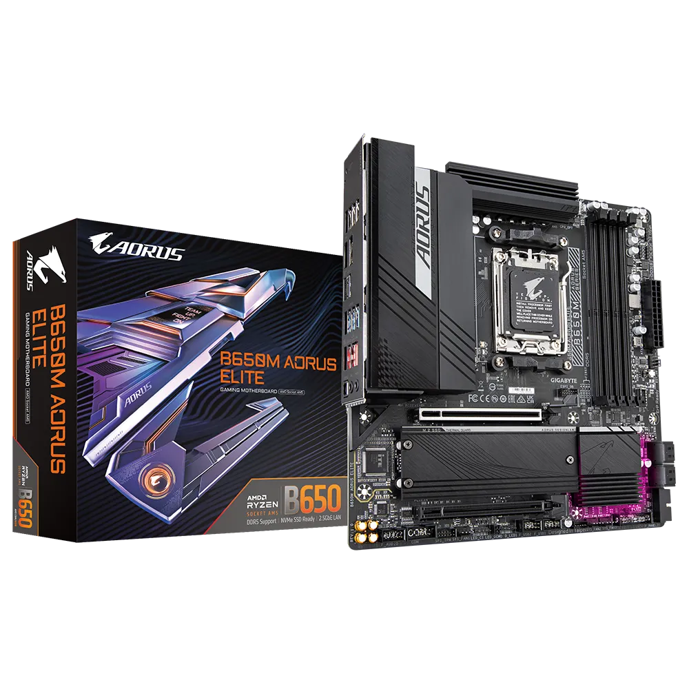 

Материнская плата GIGABYTE B650M AORUS ELITE, AM5, AMD B650, 4xDDR5 DIMM, 2PCI-Ex16, 4SATA3, 7.1-ch, 2.5GLAN, 9 USB 3.2, 2 USB Type-C, HDMI, DP, mATX, Retail, B650M AORUS ELITE