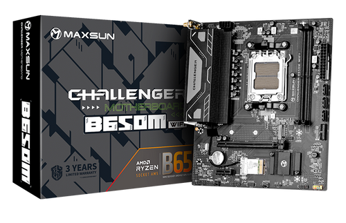 

Материнская плата MaxSun Challenger B650M WIFI, AM5, AMD B650, 2xDDR5 DIMM, PCI-Ex16, 4SATA3, 5.1-ch, GLAN, 6 USB 3.2, HDMI, DP, mATX, Retail, Challenger B650M WIFI