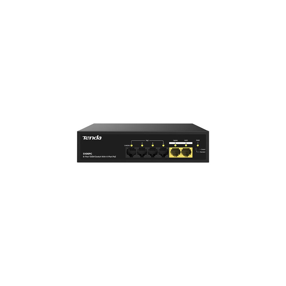 

Коммутатор Tenda S106PC, кол-во портов: 4x100 Мбит/с, кол-во SFP/uplink: RJ-45 2x100 Мбит/с, PoE: 4x30 Вт (макс. 55 Вт) (S106PC), S106PC
