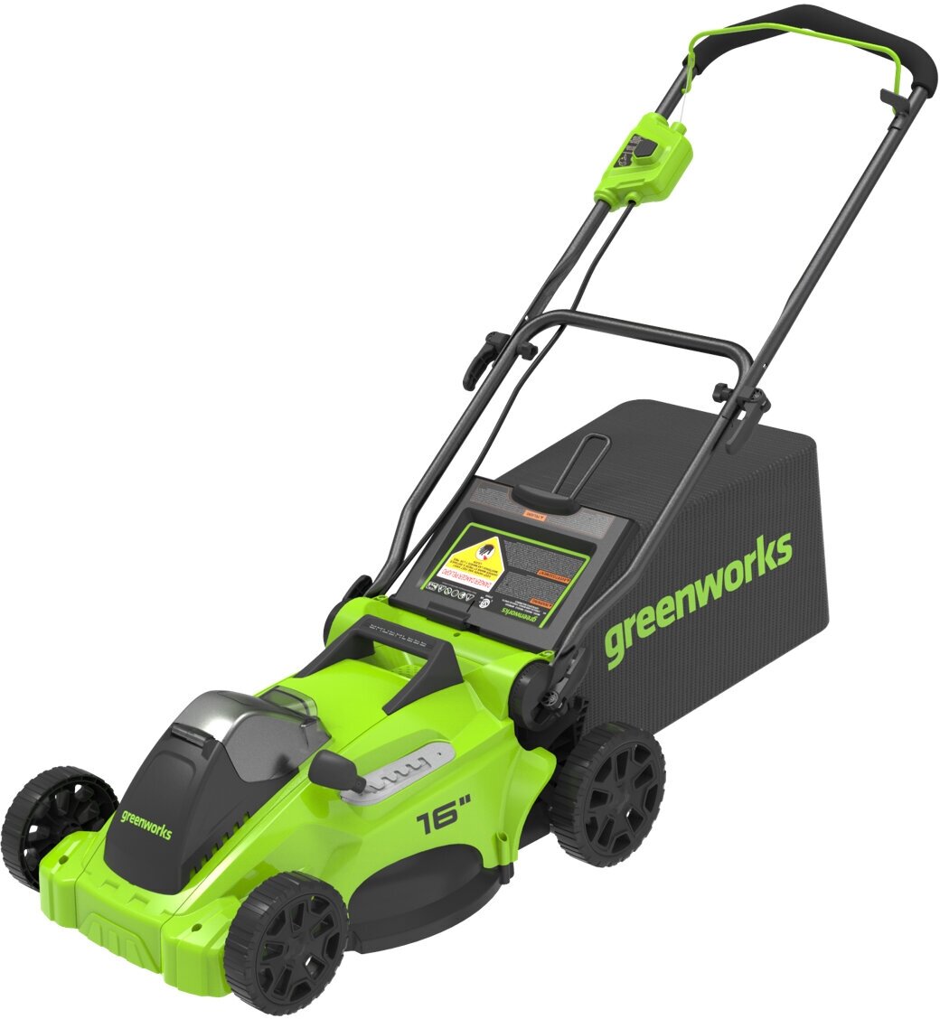 

Колесная газонокосилка Greenworks GD40LM16X, бесщеточный, аккумуляторная, Li-Ion, 40 В, ширина скашивания 41 см, высота скашивания 3 см-8.5 см, объем травосборника 45л., 13.7 кг, без акб и зу (2517907), GD40LM16X