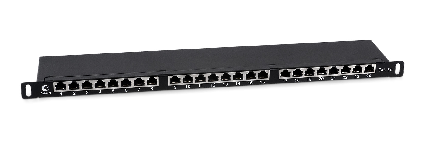 

Патч-панель в шкаф 19" 0.5U, порты: 24 x RJ-45 кат. 5e, экранированная, черный, Cabeus (PLHD-24-Cat.5e-SH-Dual-0,5U)
