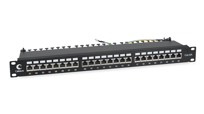 

Патч-панель в шкаф 19" 1U, порты: 24 x RJ-45 кат. 6a, экранированная, органайзер, черный, PL-24-Cat.6a-SH-Dual, Cabeus (PL-24-Cat.6a-SH-Dual), PL-24-Cat.6a-SH-Dual