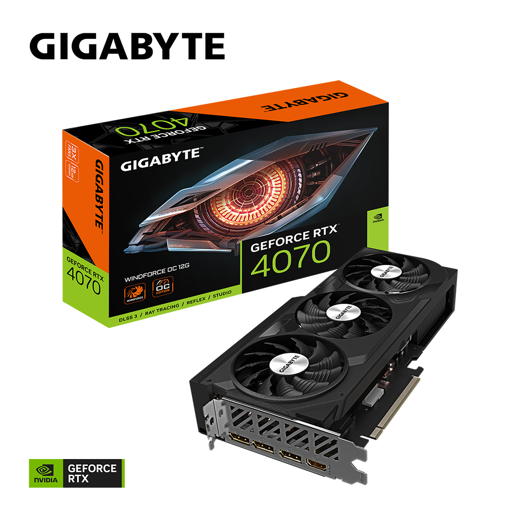 

Видеокарта GIGABYTE NVIDIA GeForce RTX 4070 WINDFORCE OC, 12Gb GDDR6X, 192 бит, PCI-E, HDMI, 3DP, Retail ( GV-N4070WF3OC-12GD_12), WINDFORCE OC