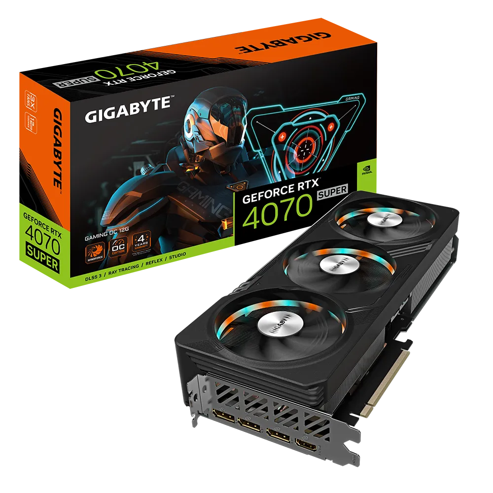 

Видеокарта GIGABYTE NVIDIA GeForce RTX 4070 Super GAMING OC, 12Gb GDDR6X, 192 бит, PCI-E, HDMI, 3DP, Retail ( GV-N407SGAMING OC-12GD_12), GAMING OC