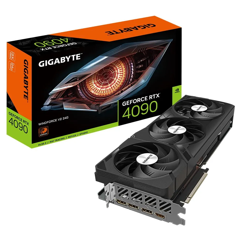 

Видеокарта GIGABYTE NVIDIA GeForce RTX 4090 WINDFORCE V2, 24Gb GDDR6X, 384 бит, PCI-E, HDMI, 3DP, Retail (GV-N4090WF3V2-24GD_12), WINDFORCE V2