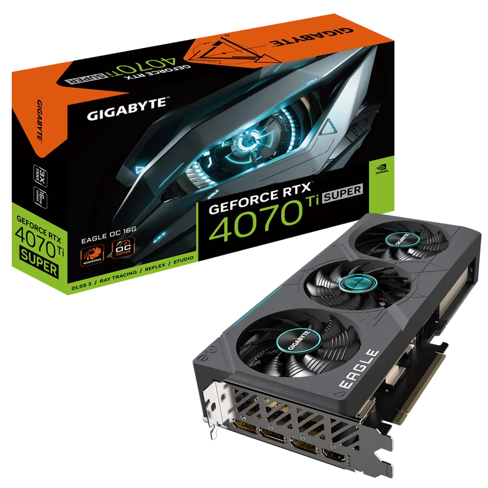 

Видеокарта GIGABYTE NVIDIA GeForce RTX 4070Ti SUPER EAGLE OC ICE, 16Gb GDDR6X, 256 бит, PCI-E, HDMI, 3DP, Retail (GV-N407TSEAGLE OC-16GD_12), EAGLE OC ICE