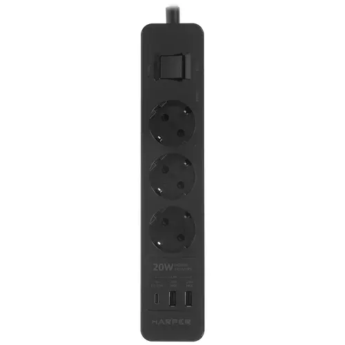 

Сетевой фильтр HARPER UCH-440, 3-розетки, 2 USB и 1USB-C, 5 м, черный (UCH-440 Black), UCH-440